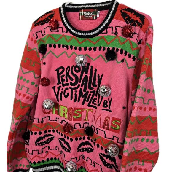 Light Up Personally Victimized by Christmas MEAN GIRLS Ugly Sweater Pink MED Art - Picture 1 of 8